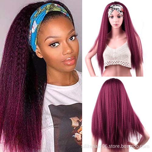 Black Red 24 Inch Long Chic Style Kinky Straight Hair Headband Wig With Pre-attached Scarf Synthetic Yaki Straight Headband Wigs